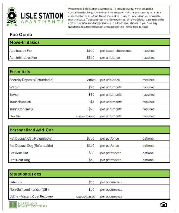 A green and white fee guide for Lisle Station Apartments.