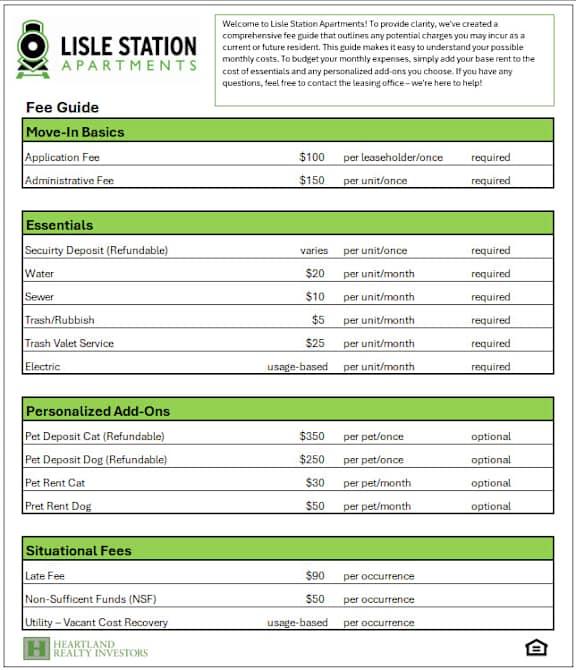 A detailed fee guide for Lisle Station Apartments, including move-in basics, essentials, personalized add-ons, and situational fees.