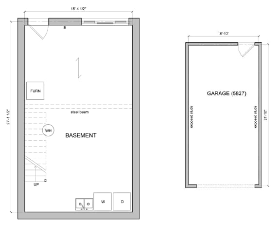 A drawing shows a floor plan and dimensions of a basement and a garage.