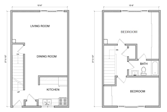 A floor plan of a house with a living room, dining room, kitchen, and two bedrooms.