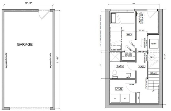 A drawing of a house plan with a garage on the left and a detailed floor plan on the right.