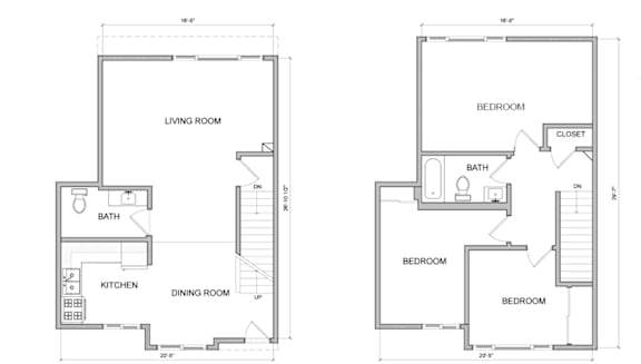 A floor plan of a two-bedroom apartment with a living room, kitchen, dining room, and bathroom.