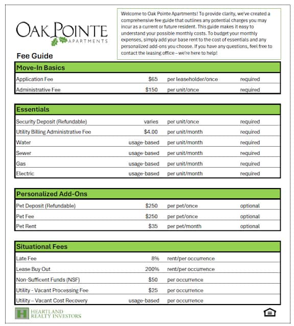 A fee guide for Oak Pointe Apartments detailing various fees and their costs.