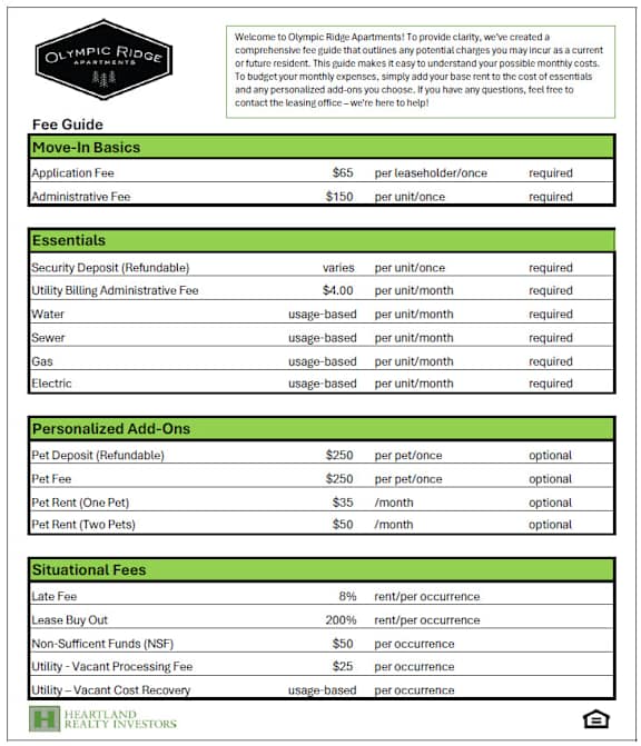 A detailed fee guide for Olympic Ridge Apartments, including move-in basics, essentials, personalized add-ons, and situational fees.