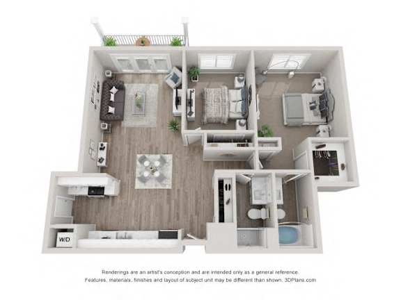 A 3D floor plan of a house with a kitchen, living room, and two bedrooms.