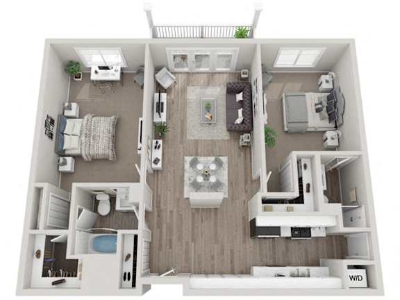 A top-down view of a small apartment with a living room, kitchen, and bedroom.