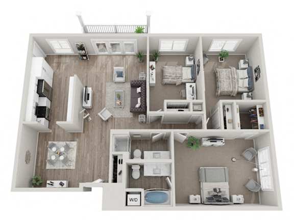 A 3D floor plan of a house with a kitchen, living room, and bathroom.