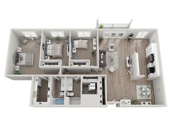 A floor plan of a house with a kitchen, living room, and bathrooms.
