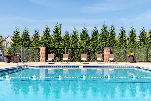 A swimming pool surrounded by trees and chairs.