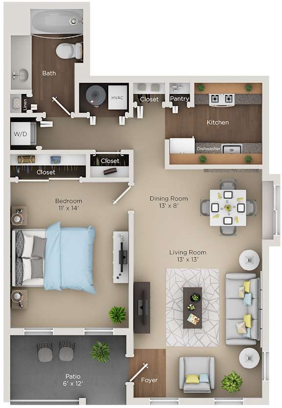 A floor plan of a small apartment with a bedroom, living room, kitchen, and bathroom.