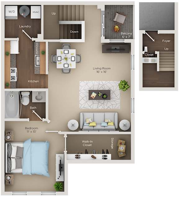 A floor plan of a house with a living room, kitchen, and bedrooms.
