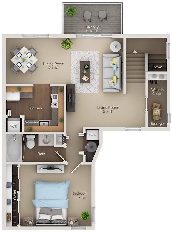 A floor plan of a small apartment with a living room, kitchen, bathroom, and bedroom.