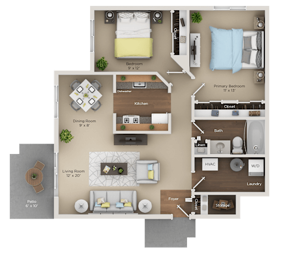 A floor plan of a small apartment with a living room, dining room, kitchen, and bedrooms.
