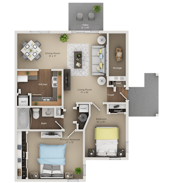 A floor plan of a small apartment with a living room, dining room, kitchen, and bathroom.