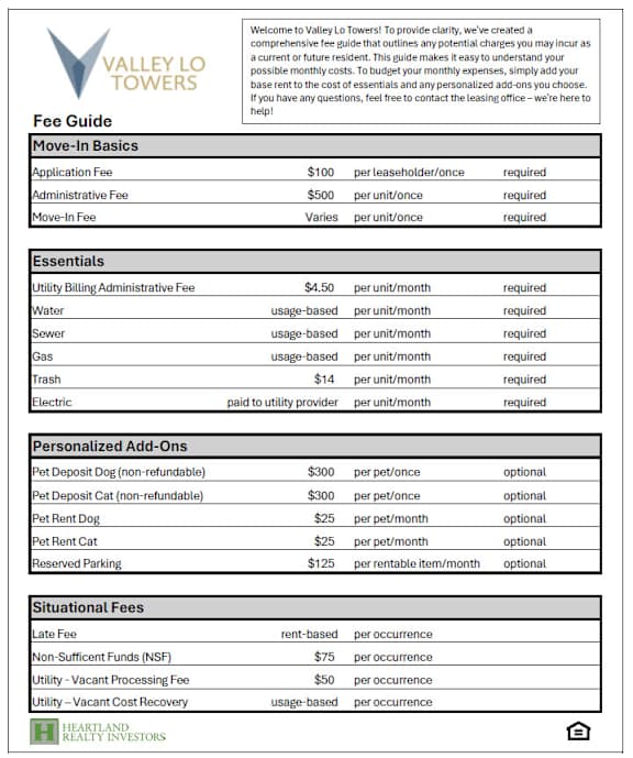A fee guide for Valley Lo Towers outlines various fees for services and essentials.
