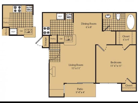 A floor plan of a house with a living room, dining room, bedroom, and patio.