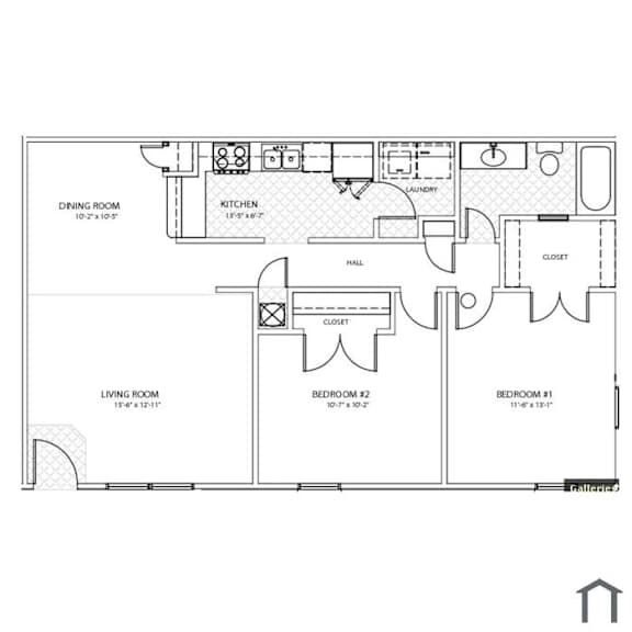 A floor plan of a house with a dining room, kitchen, living room, and two bedrooms.