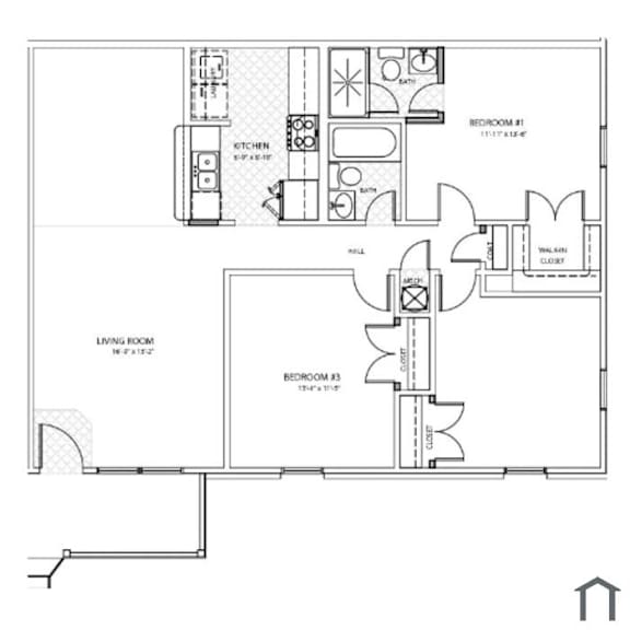 A floor plan of a house with three bedrooms and a living room.