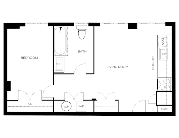 A black and white image of a floor plan for a small apartment.