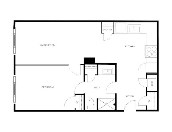 A black and white floor plan of a house with a living room, kitchen, bedroom, bathroom, and foyer.