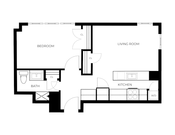 A floor plan of a small apartment with a bedroom, living room, kitchen, and bathroom.