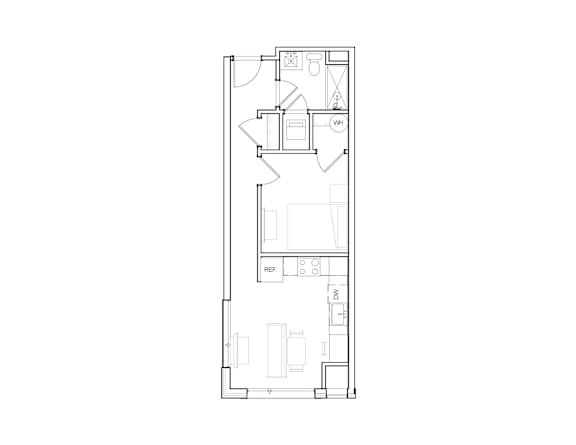A floor plan of a house with a kitchen, living room, and bathroom.