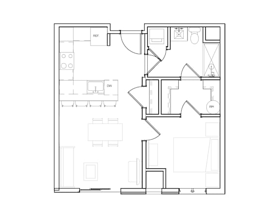 A floor plan of a house with a kitchen, living room, and dining area.