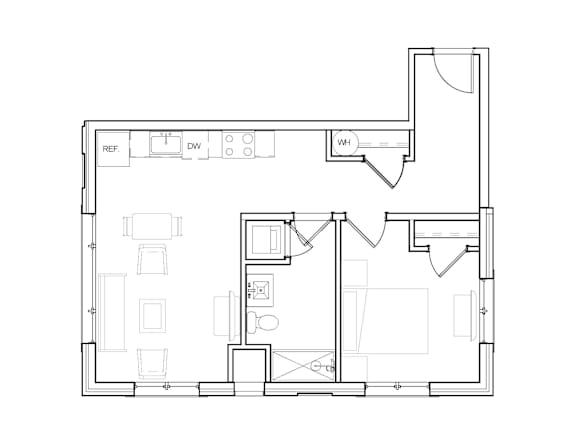 A floor plan of a house with a kitchen, living room, and bathroom.