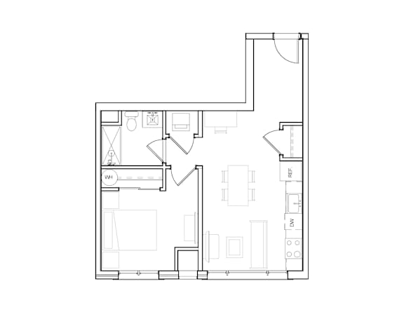 A floor plan of a house with a kitchen, living room, and bathroom.