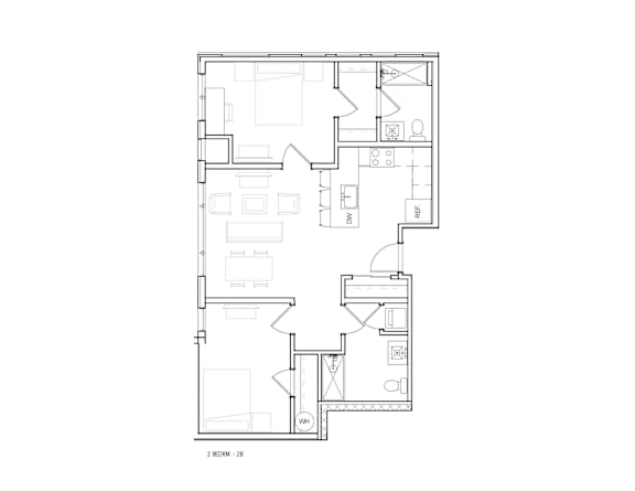 A black and white image of a floor plan for a two bedroom, two bathroom apartment.