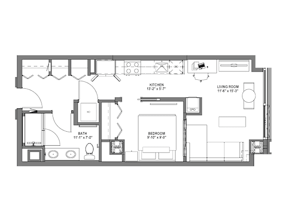 A floor plan of a small apartment with a living room, kitchen, bathroom and bedroom.