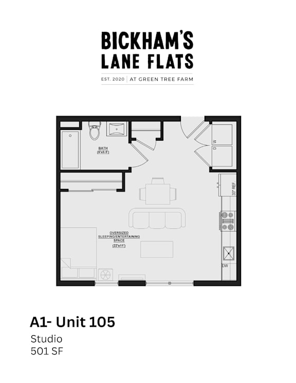 A floor plan for a studio apartment at Bickham's Lane Flats.