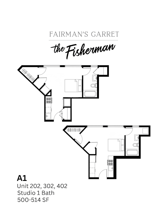 A black and white image of a floor plan for a unit at Fairman's Garret.