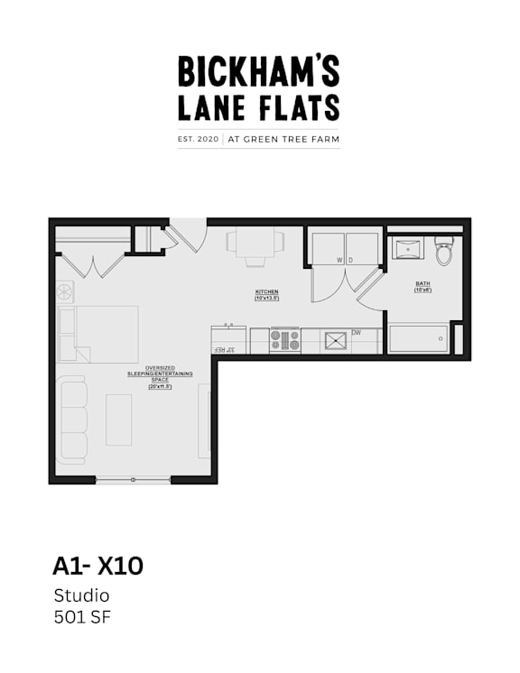 A floor plan for a studio apartment at Bickham's Lane Flats.