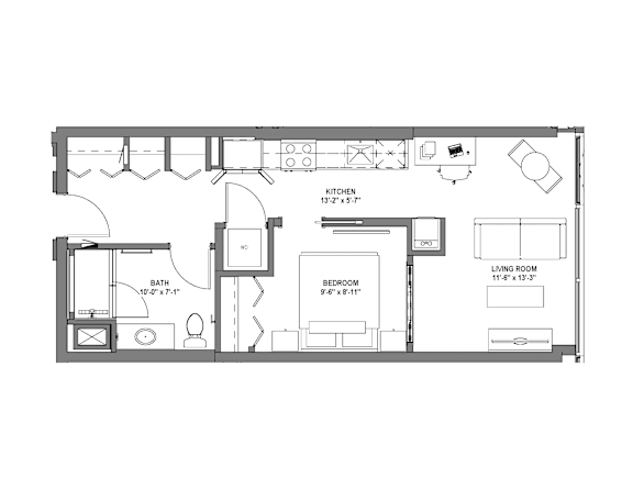 A floor plan of a small apartment with a kitchen, bathroom, bedroom, and living room.