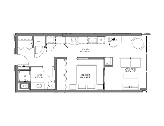 A floor plan of a small apartment with a kitchen, living room, and two bedrooms.