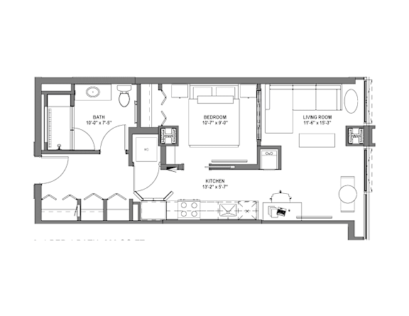 A floor plan of a house with a living room, kitchen, bedroom, and bathroom.
