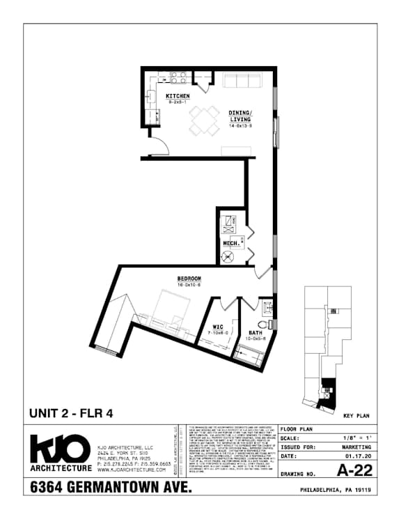 A drawing of a floor plan for a unit at KJO Architecture LLC.