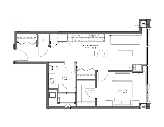 A floor plan of a small apartment with a kitchen, bathroom, and bedroom.