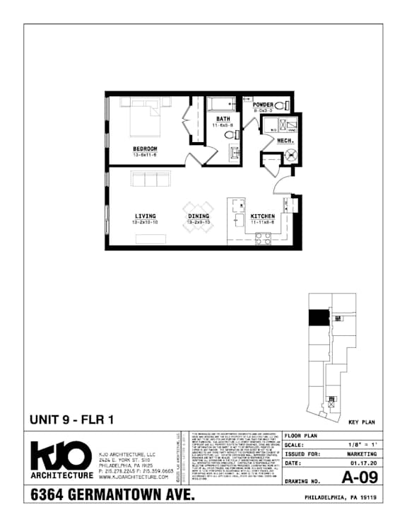 A drawing of a floor plan for a unit at KJO Architecture LLC.