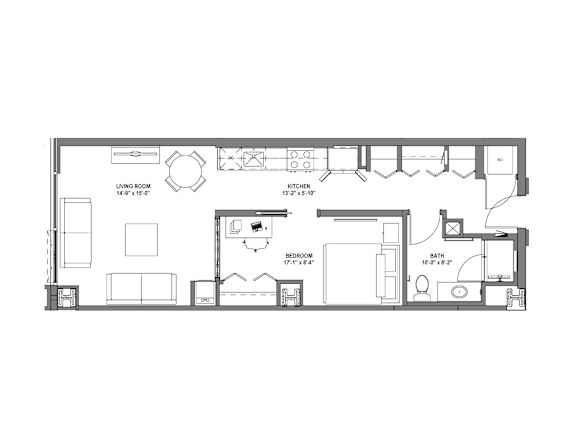 A floor plan of a small apartment with a living room, kitchen, and bathroom.
