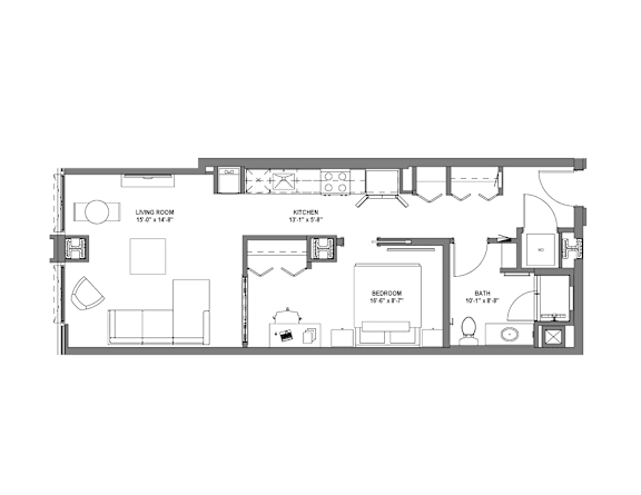 A floor plan of a house with a living room, kitchen, bathroom and bedroom.