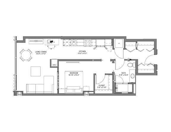 A floor plan of a house with a kitchen, living room, and bathroom.
