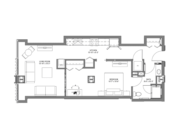 A floor plan of a house with a living room, bedroom, and bathroom.