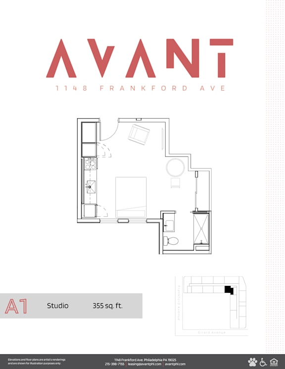 A floor plan for a studio apartment at 1148 Frankford Ave.