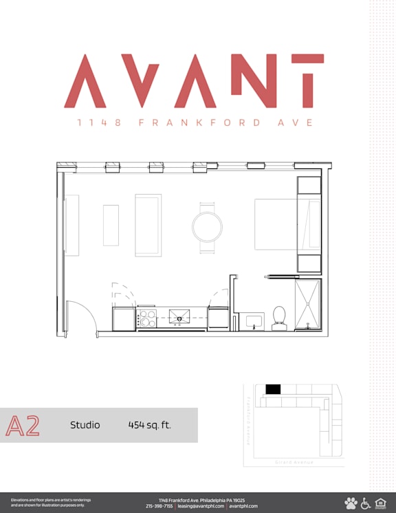 A floor plan for a studio apartment at 1148 Frankford Ave.