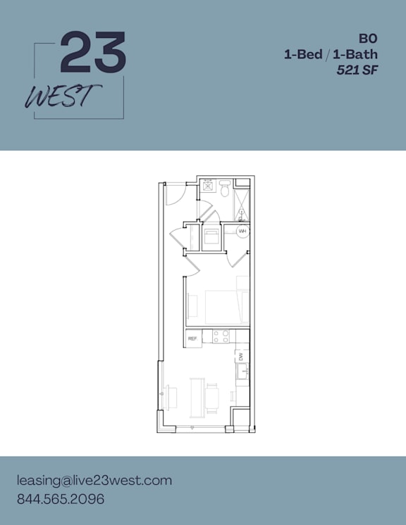 1B1B Floor Plan at 23 West Apartments, Philadelphia, Pennsylvania