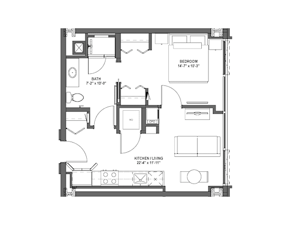 A floor plan of a small apartment with a bedroom, bathroom, and kitchen/living room.