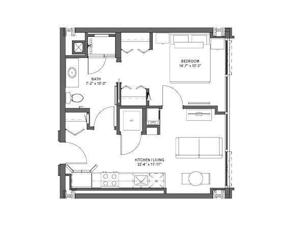 A floor plan of a small apartment with a bedroom, bathroom, and kitchen/living room.