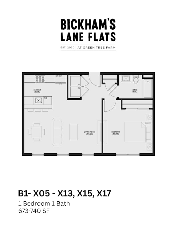 A floor plan for Bickham's Lane Flats shows one bedroom and one bathroom.